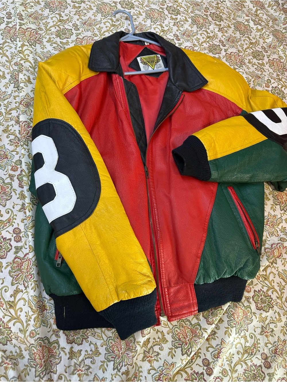 Genuine leather Multicolor Leather Bomber Jacket - Red, Yellow & Green